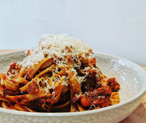 Pasta topped with mozzeralla cheese